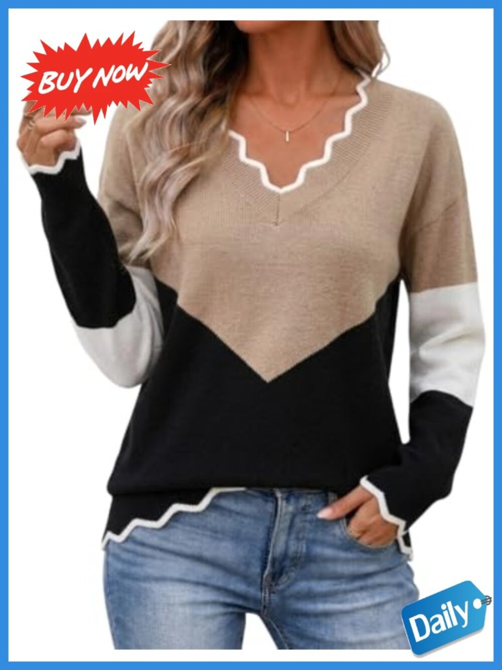 Womens V Neck Sweater Long Sleeve Pullover Casual Knit Top